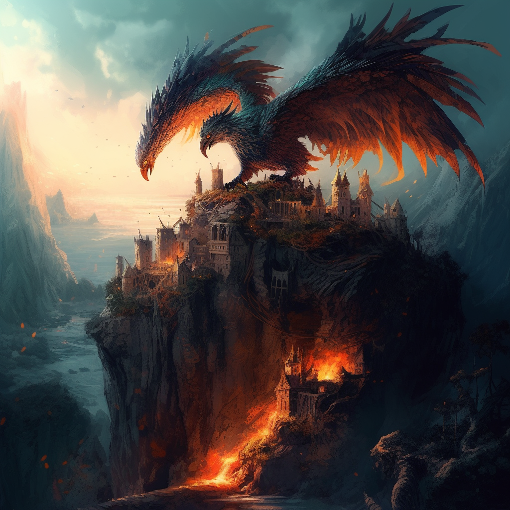 Feathered dragon breathing fire in fantasy scene