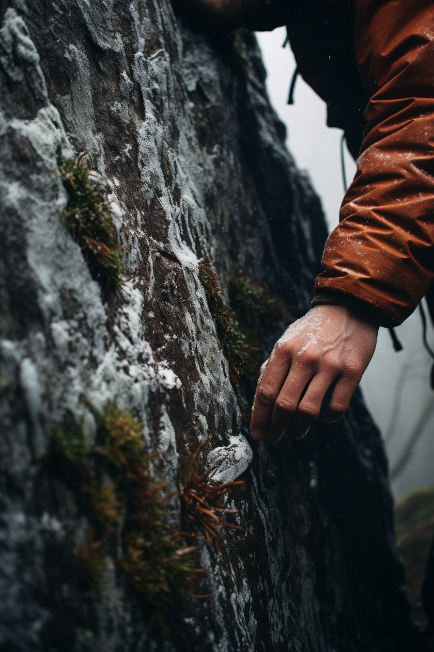 Climbers hand conquering rocky terrain in stunning landscape