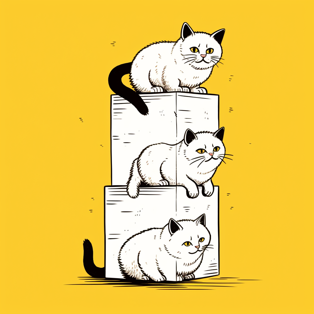 Three cats climbing wall with heads in box