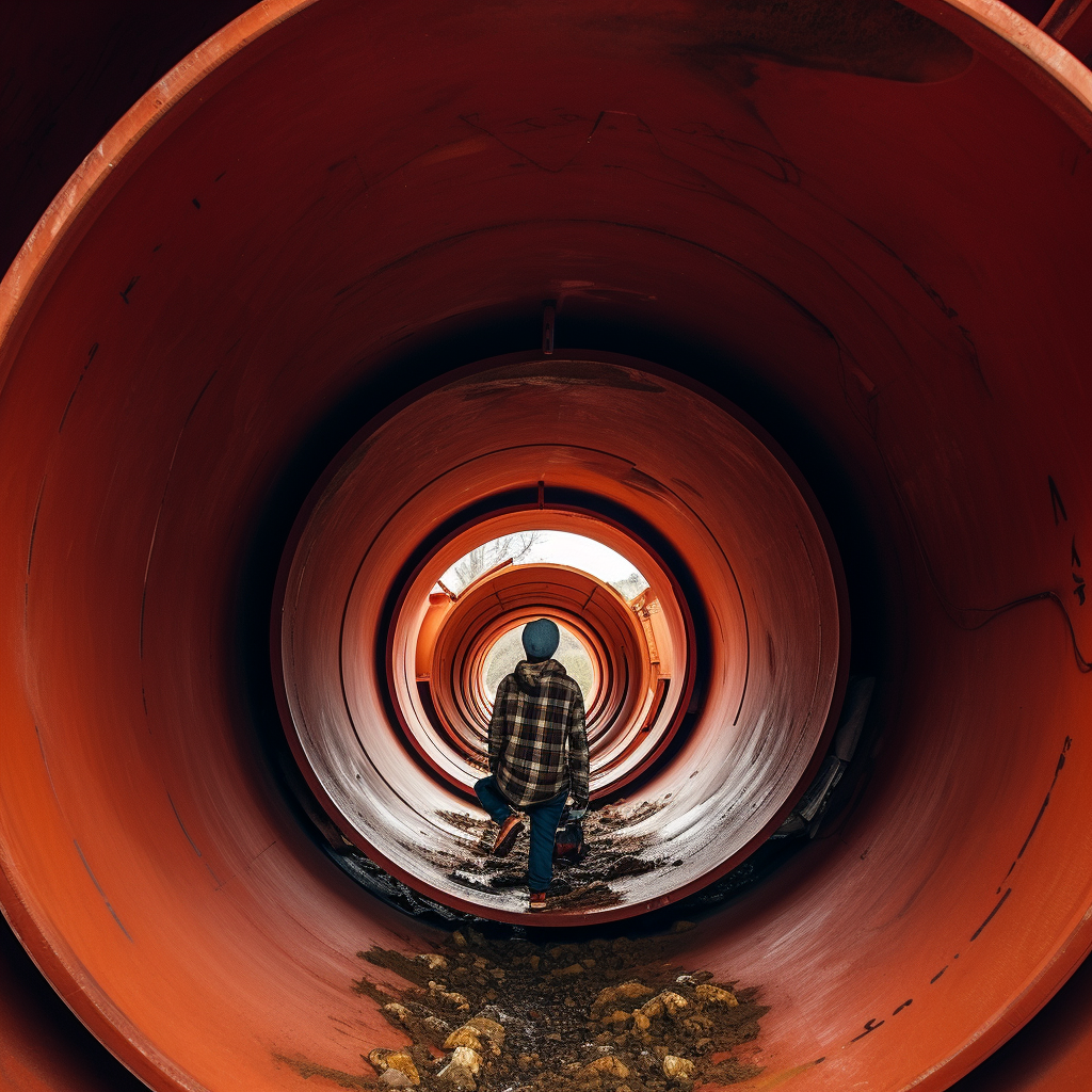 Person climbing into a pipe hole