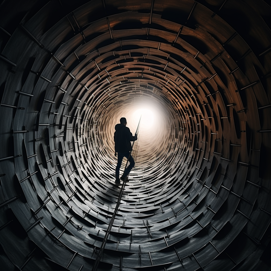 Person climbing through scaffolding-filled pipe