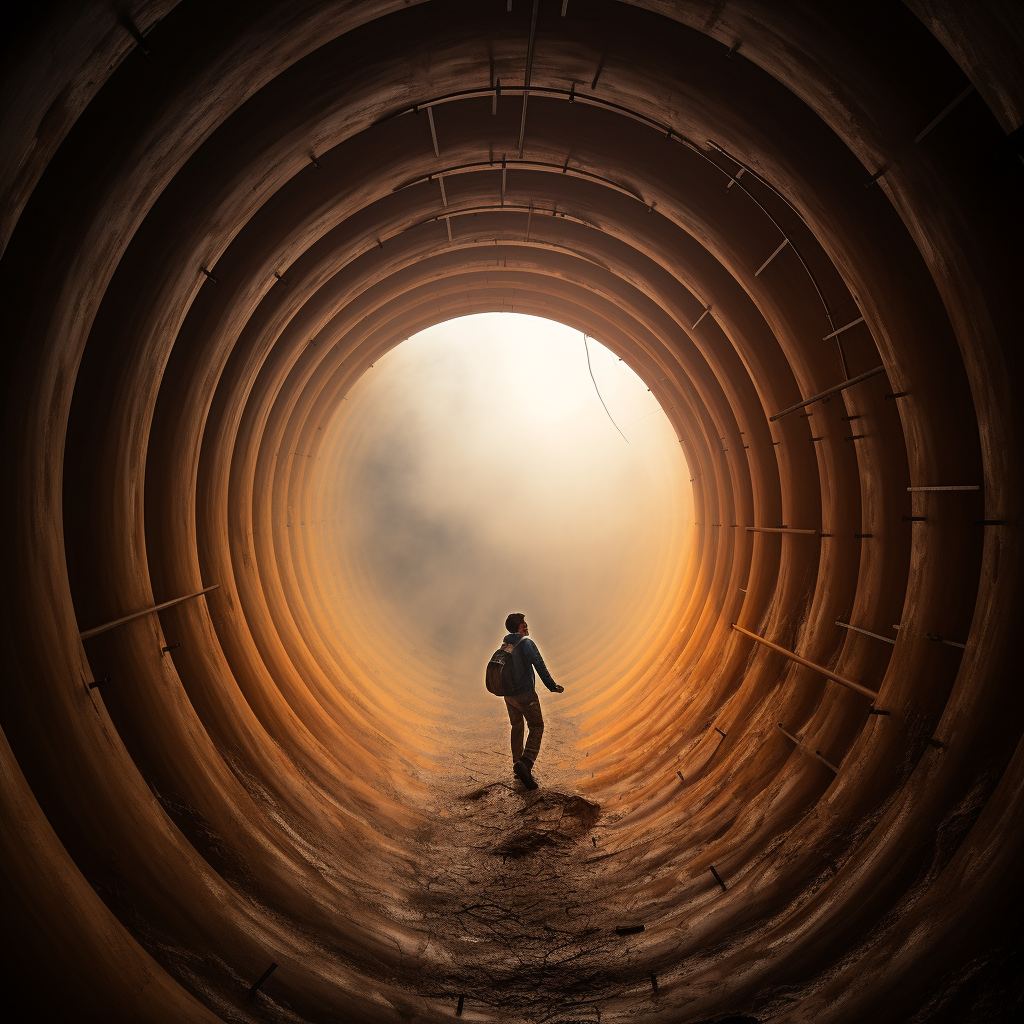 Person climbing into giant pipe