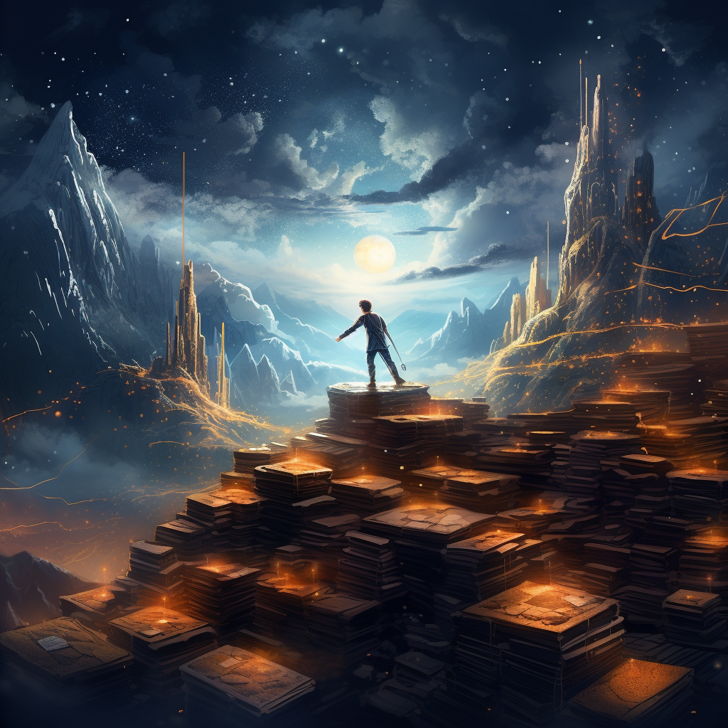 Person climbing a pile of books reaching for the stars