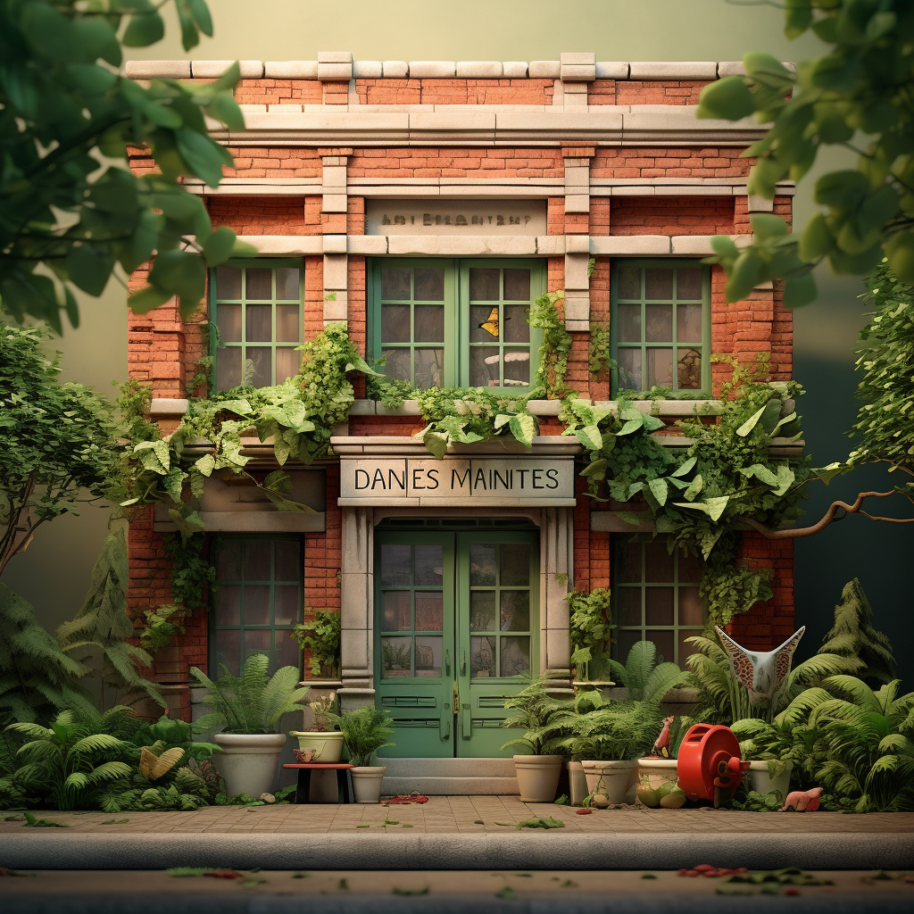 Clinic front facade with bricks, woods, and plants