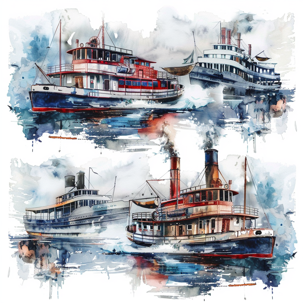 Watercolor clipart set steam boats