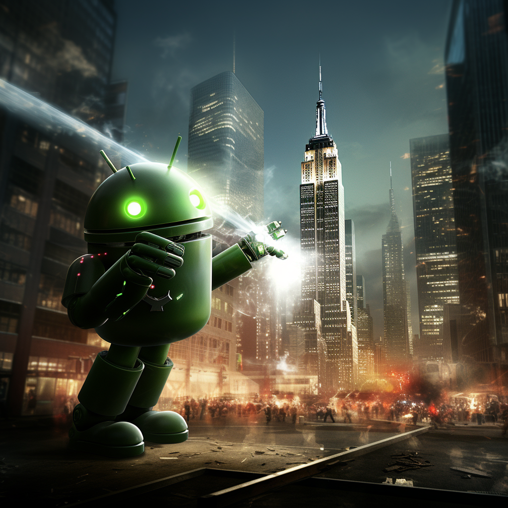 Clippy Android destroying NYC with laser beam