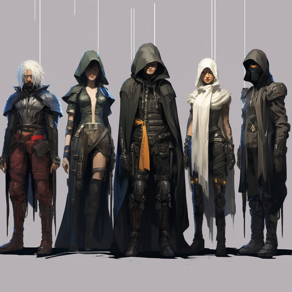 Mysterious cloaked figures in fantasy and cyberpunk attire