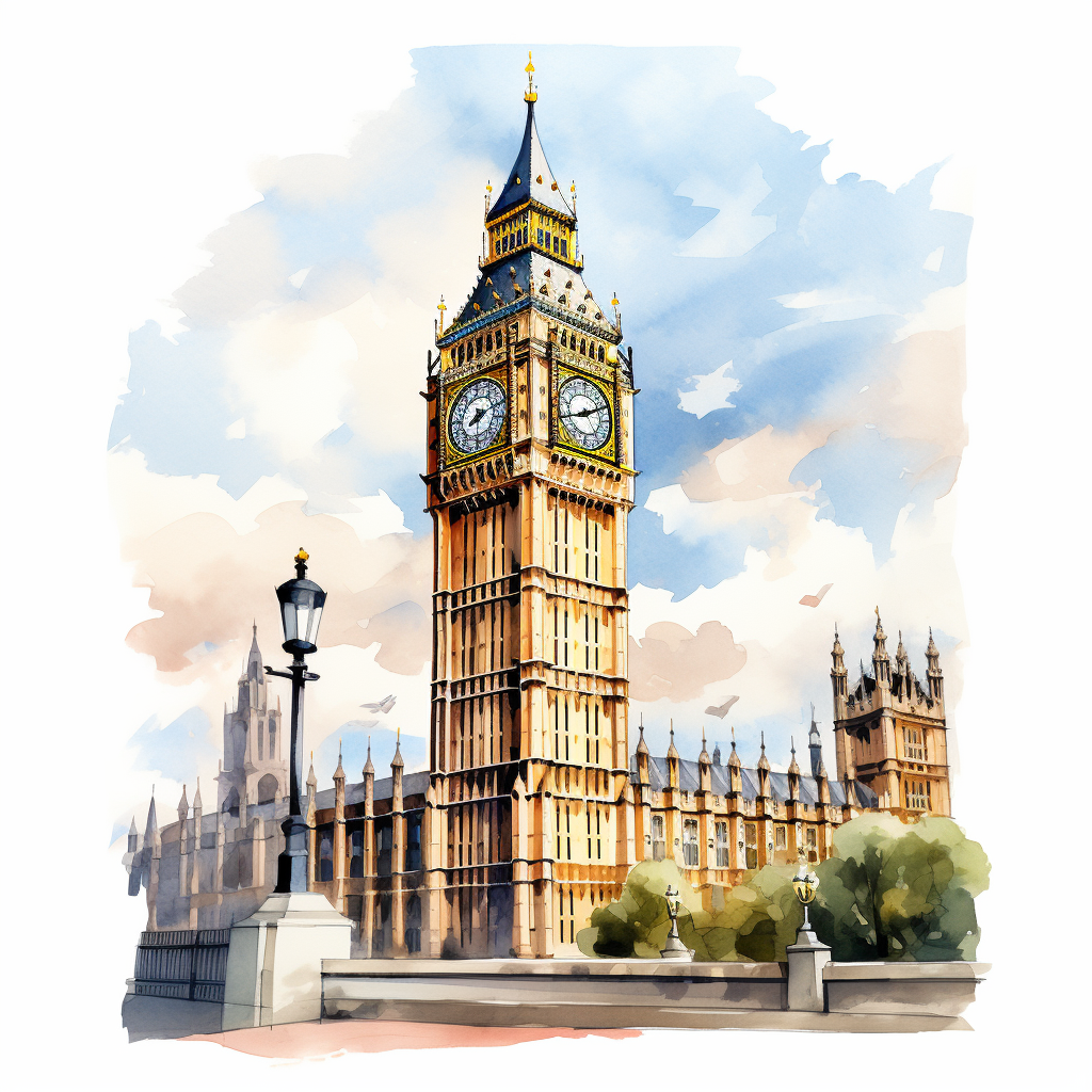 Clock tower building painting on white background