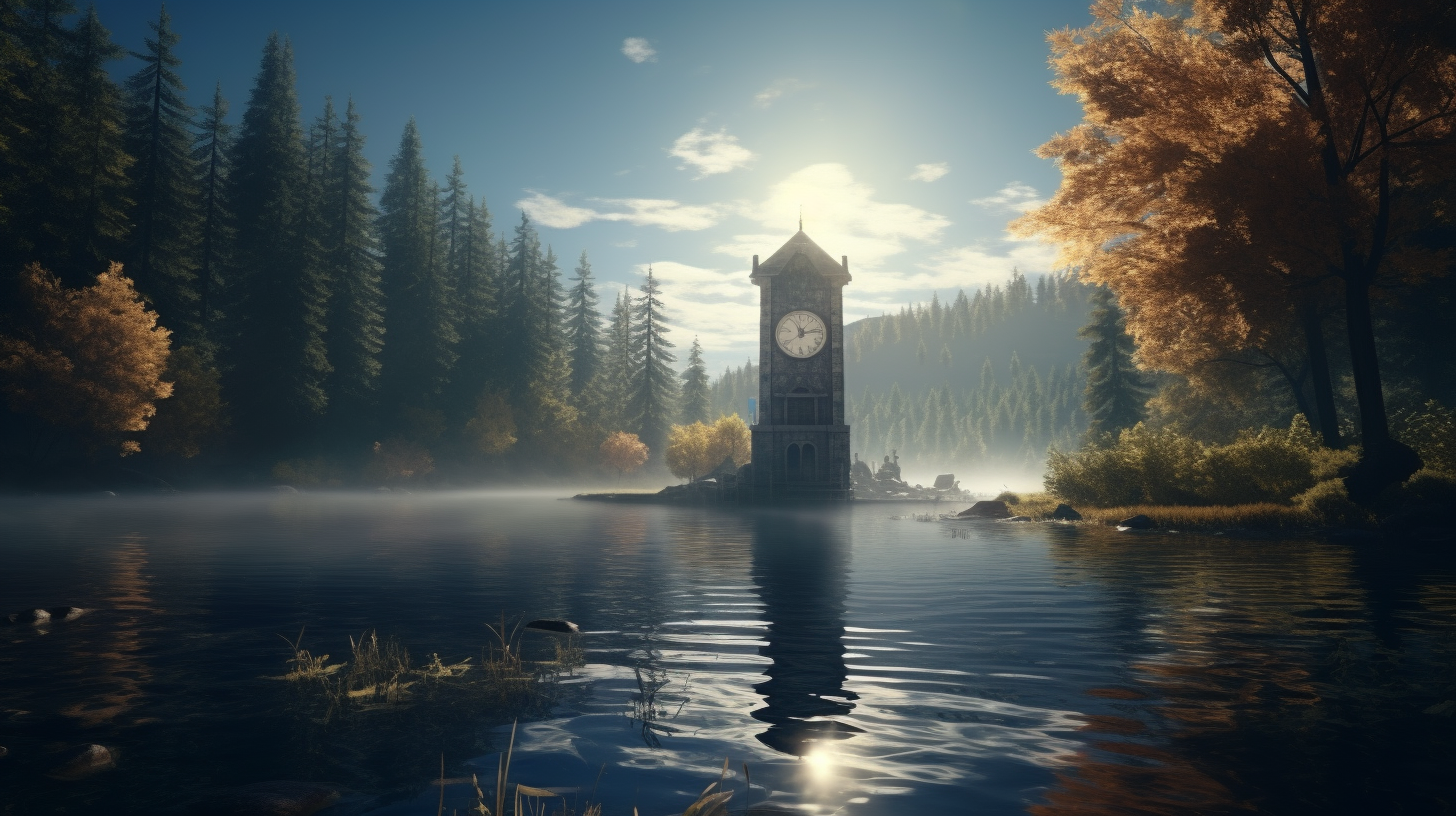 Majestic clocktower by the serene lake in the forest