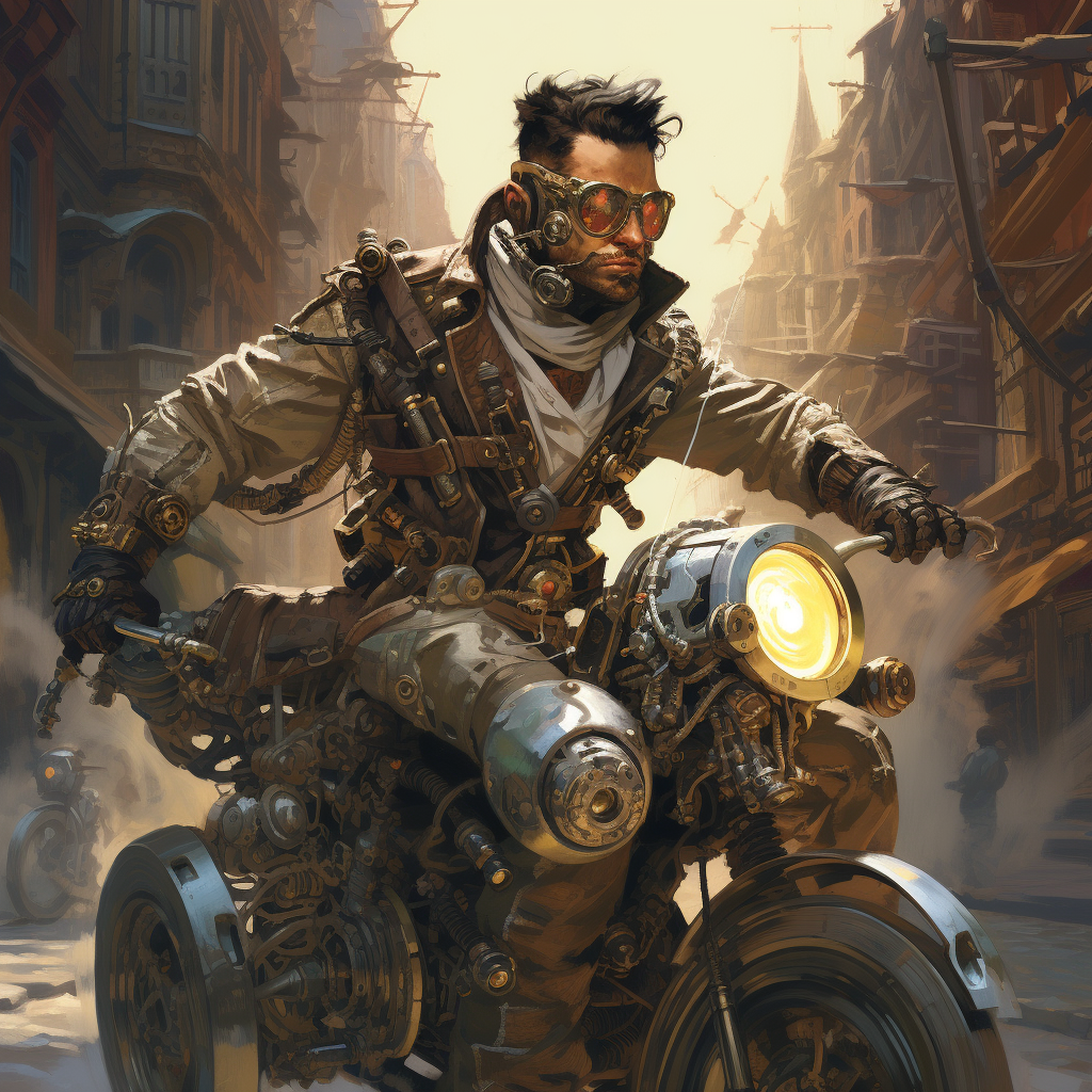 Agile clockwork hunter in steampunk city