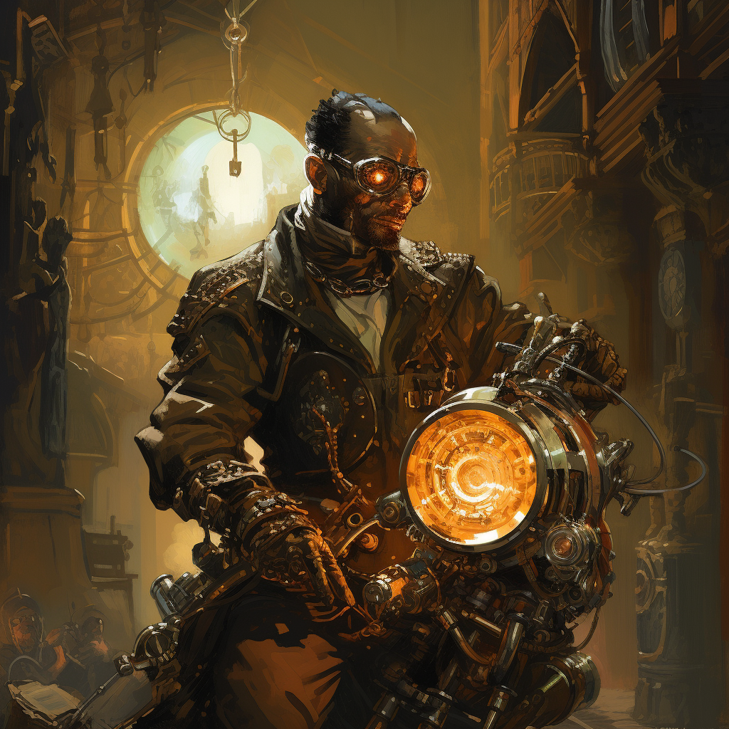 Clockwork hunter in steampunk city