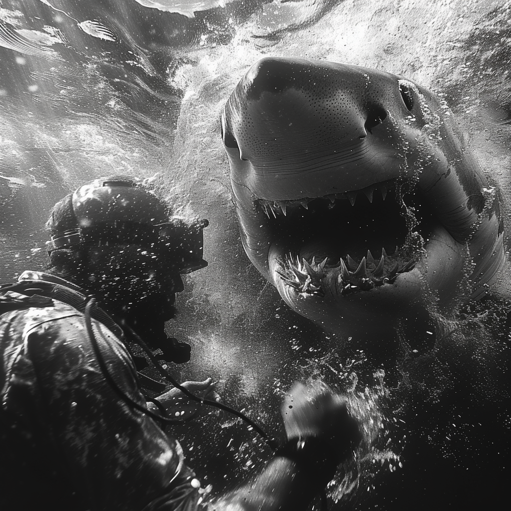 Sailor fighting shark underwater surreal monochrome