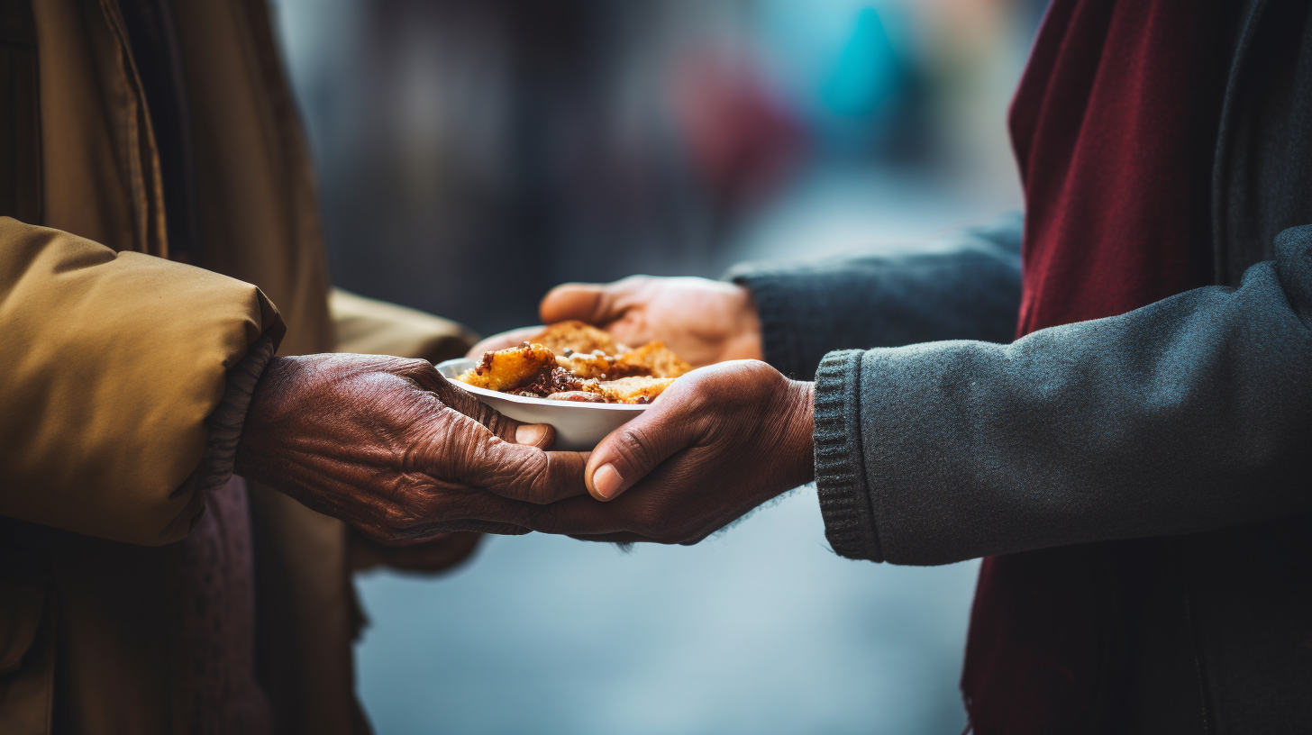 Person handing food to homeless man