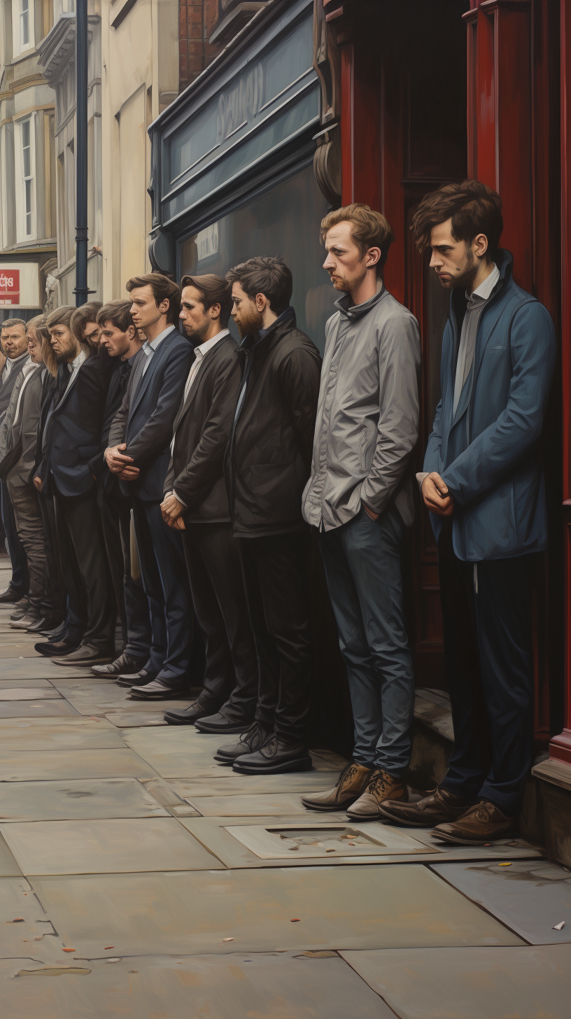 Group of Men Waiting Outside Closed Shop