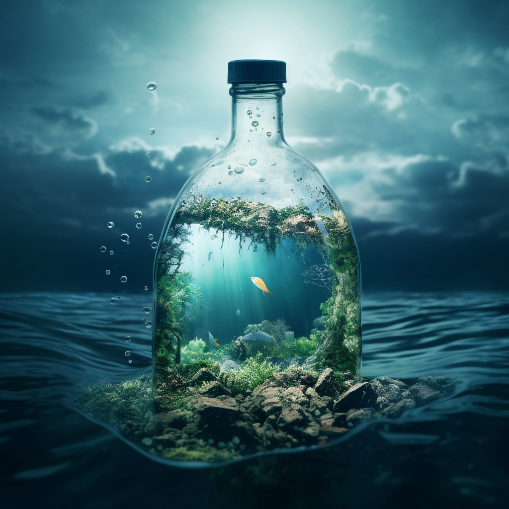 Earth in bottle amidst polluted sea