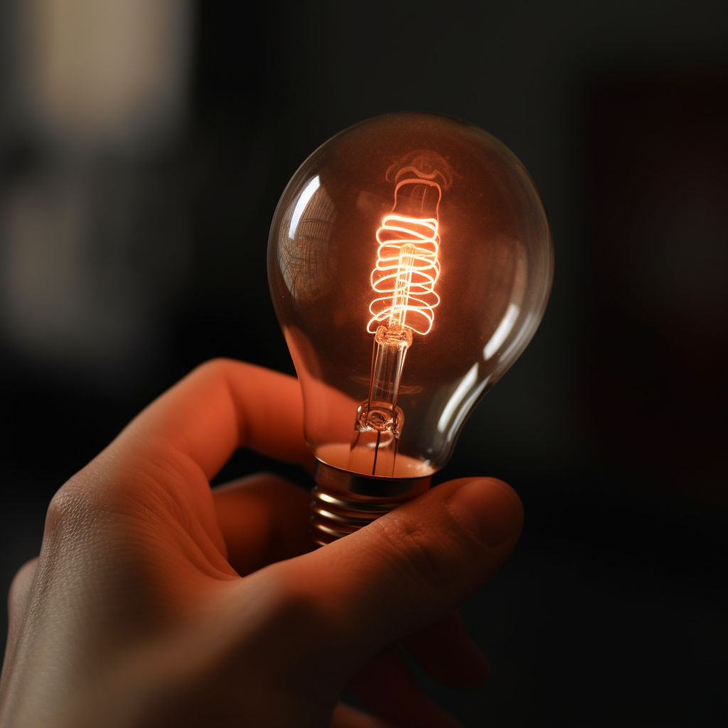 Close up of lit lightbulb held by finger and thumb