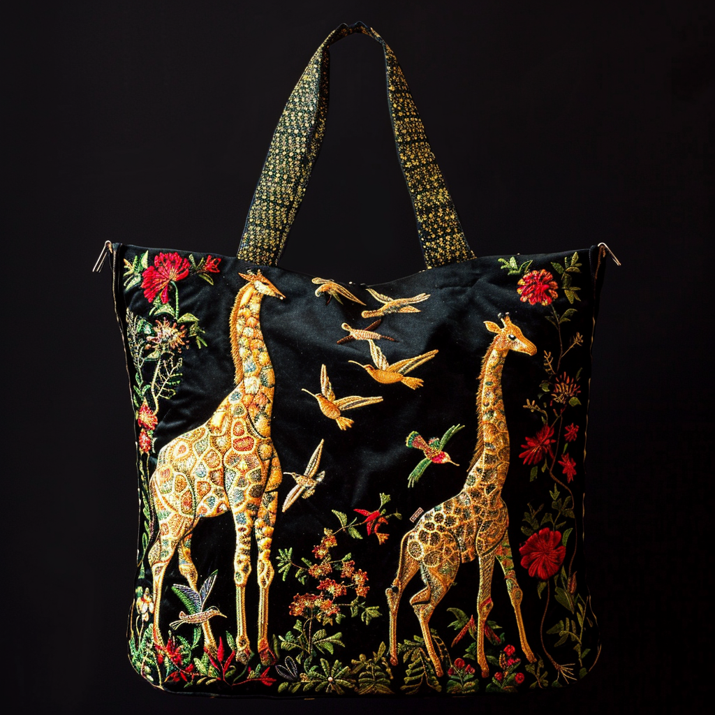 Embroidered Golden Giraffes and Birds on Black Cloth Bag