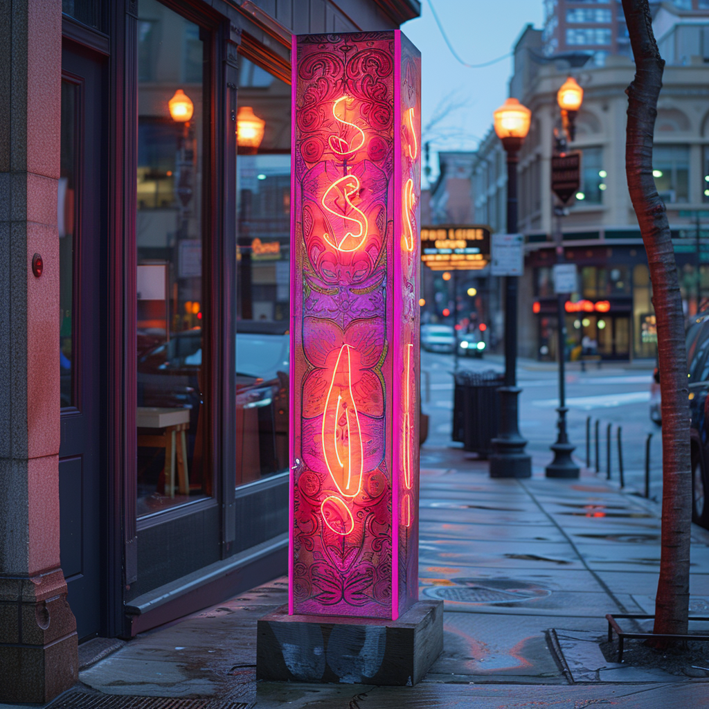 Clothing store totem logo installation neon