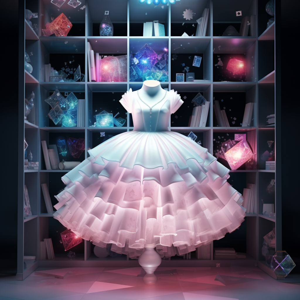 Clothing store with white tone and hologram color reminiscent of Alice in Wonderland