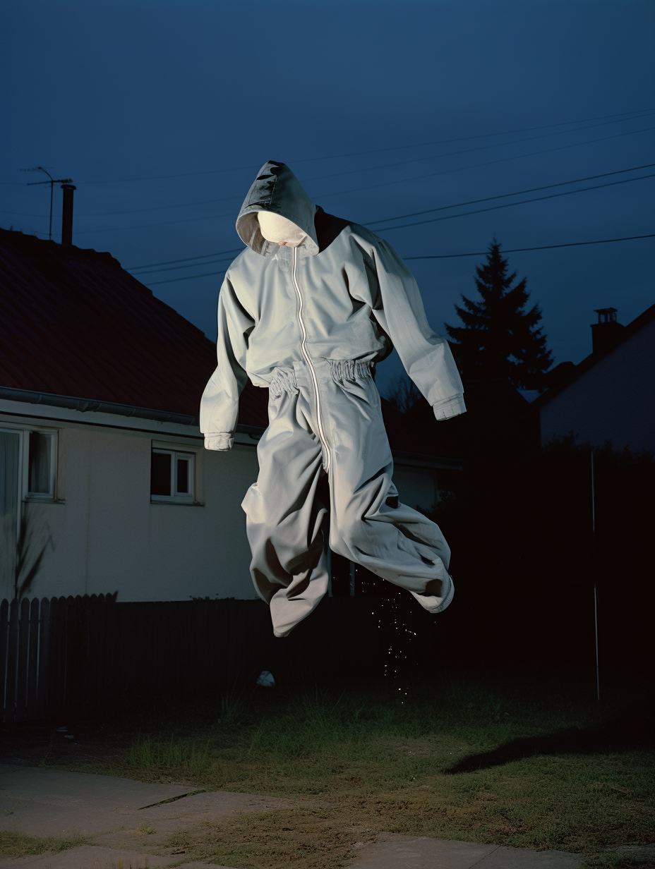 Grey cotton tracksuit defying gravity in urban night scene