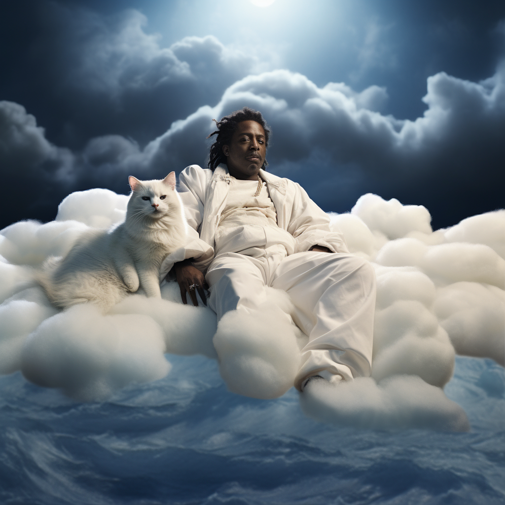 Cloud bed floating in ocean with Wesley Snipes and a cat