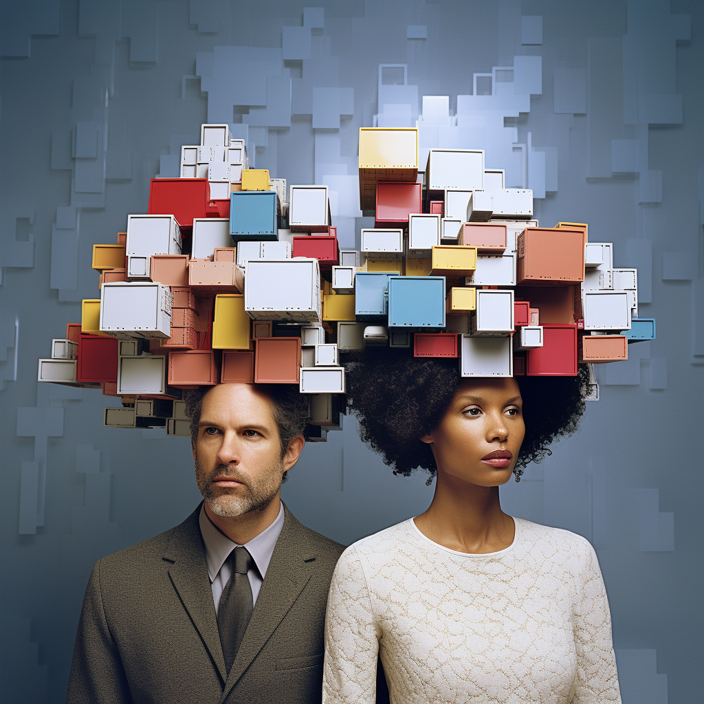 Man and woman in cloud with data blocks