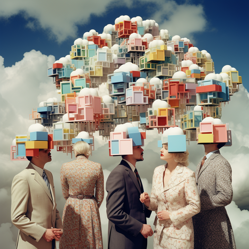 Group of people with heads in cloud data streams