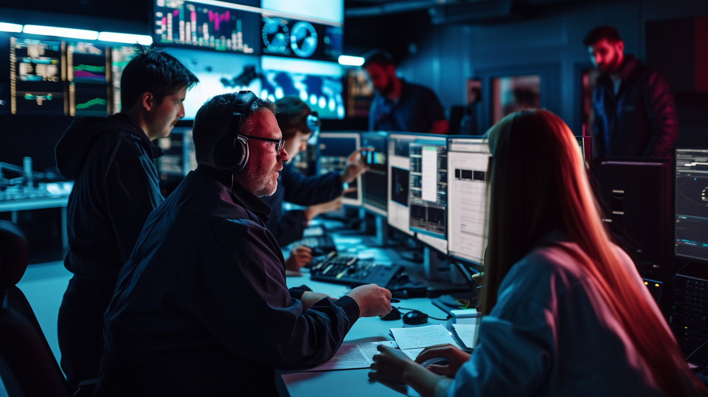 Cloud security team collaboration under dramatic lighting