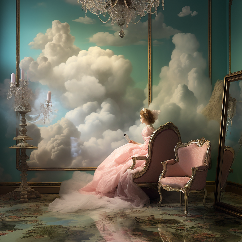 Empty cloud room with chair and mirror