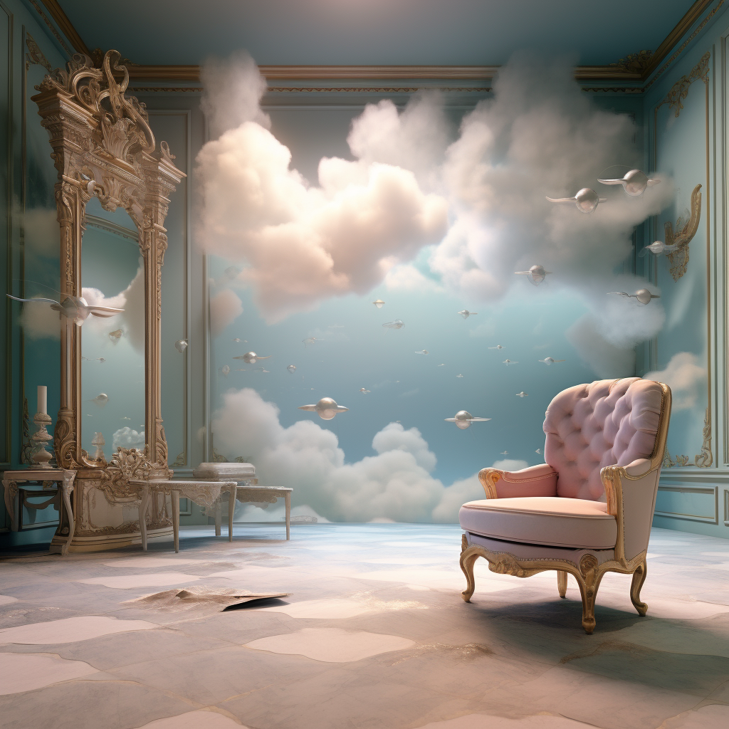 Chair and Mirror in Luminous Sky Painting