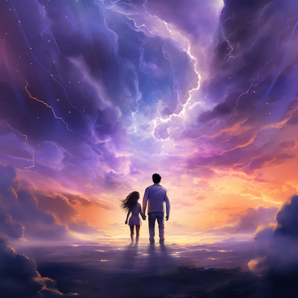 Couple walking on clouds holding hands