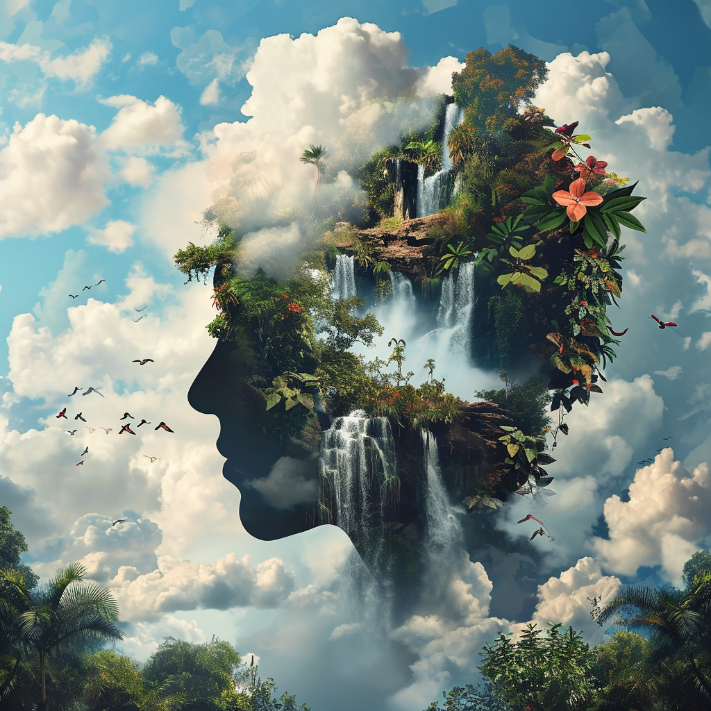 Beautiful landscape with clouds, waterfalls, garden, and jungle