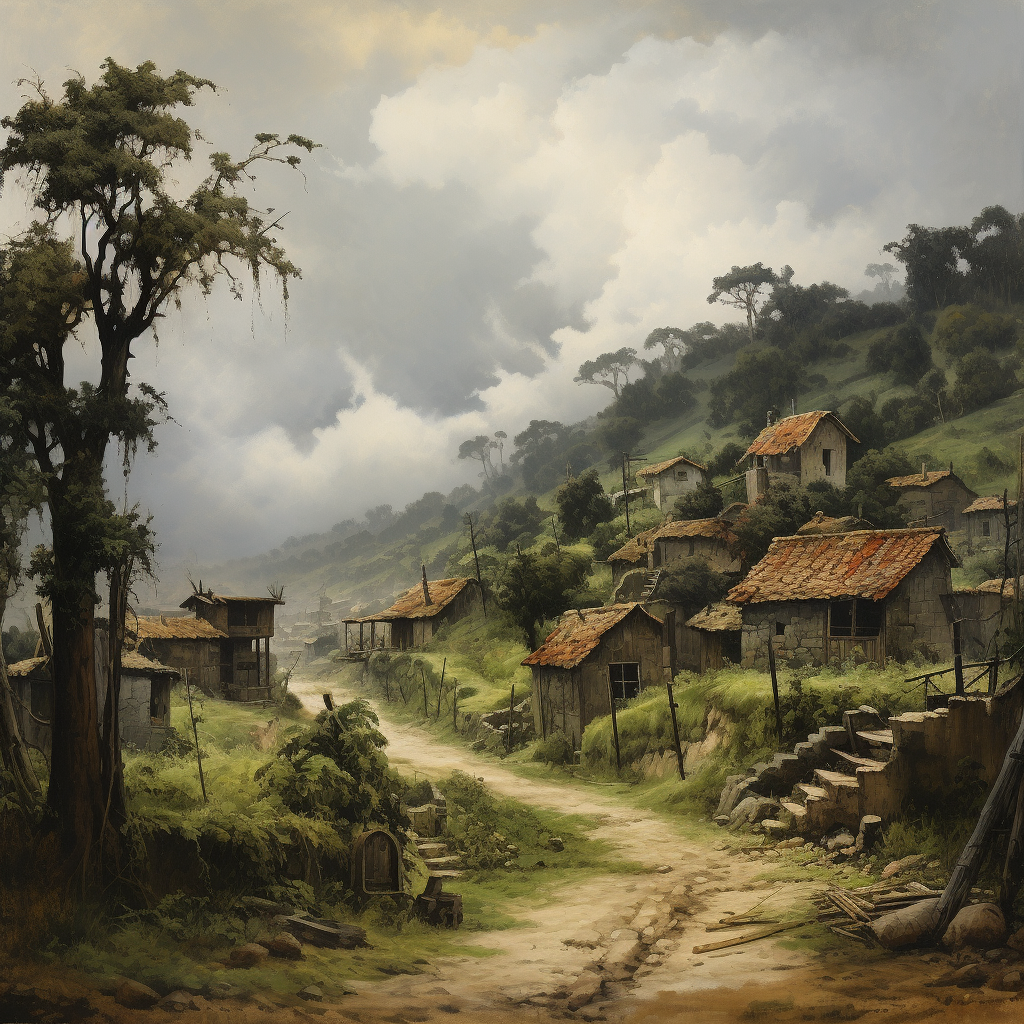 Serene village landscape under cloudy skies