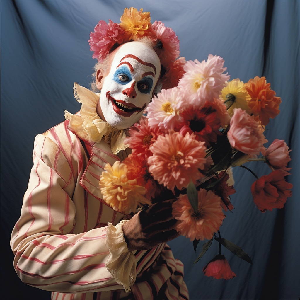 Colorful Clown performing tricks with flowers