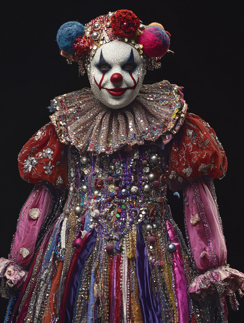 clown costume with beads, sequins, velvet, sheer appliques