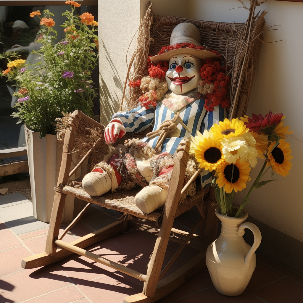 Clown doll in rattan rocking chair