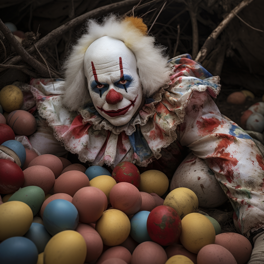 Funny clown laying colorful eggs