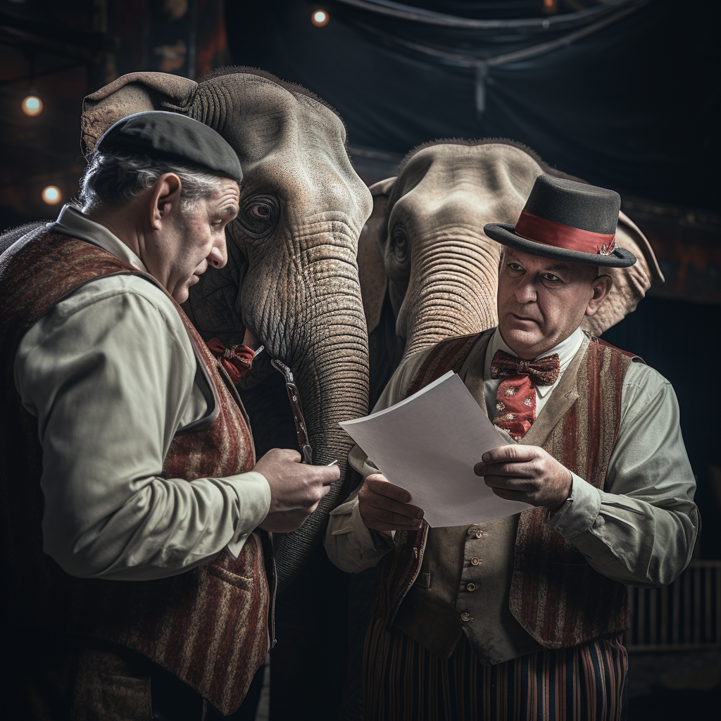 Clown elephants holding paperwork in the circus