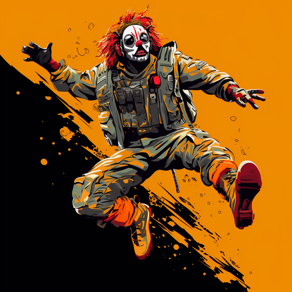 Clown Soldier Leaping in Gritty Cinematic Sci-Fi Cartoon