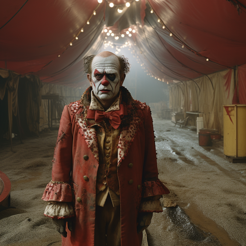 Clown walking in abandoned circus tent