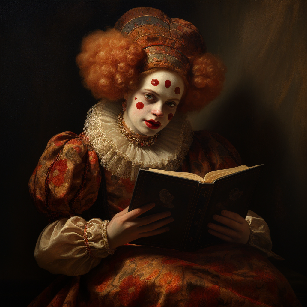 Clown woman reading a book