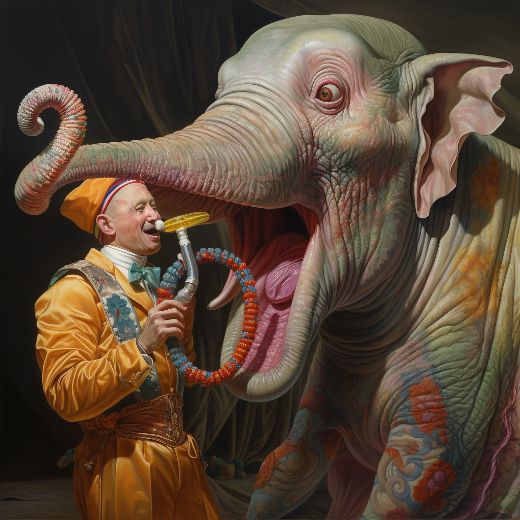 Clown with octopus-inspired nose playing with elephant