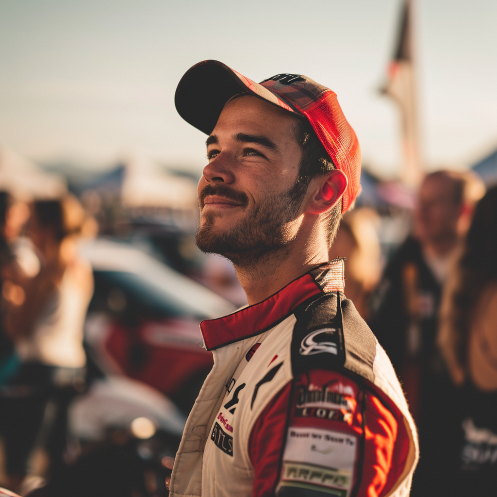 Smiling club racing driver surrounded by friends at paddock