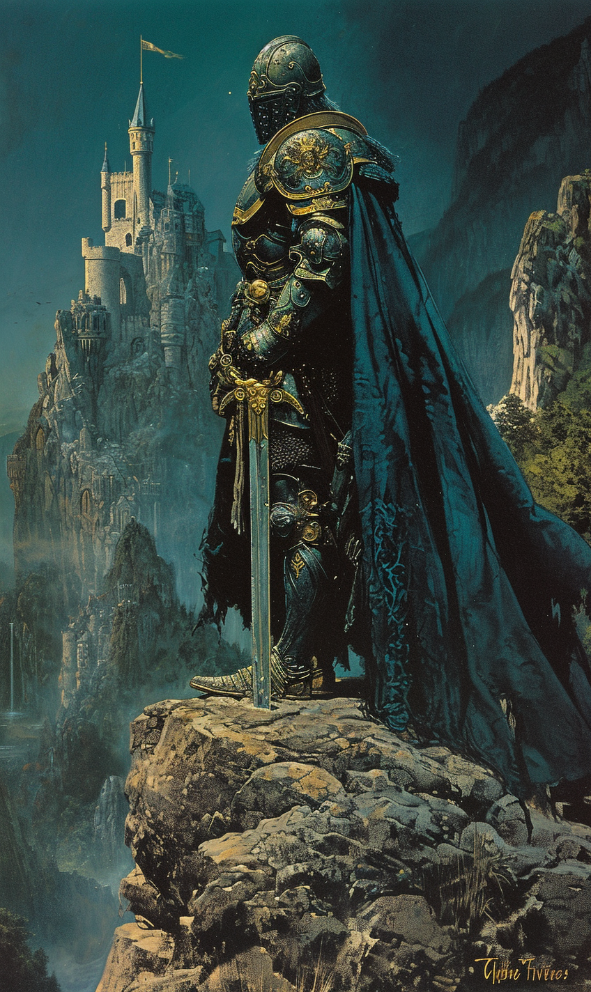 Fantasy lithograph of middle-aged knight in gothic setting