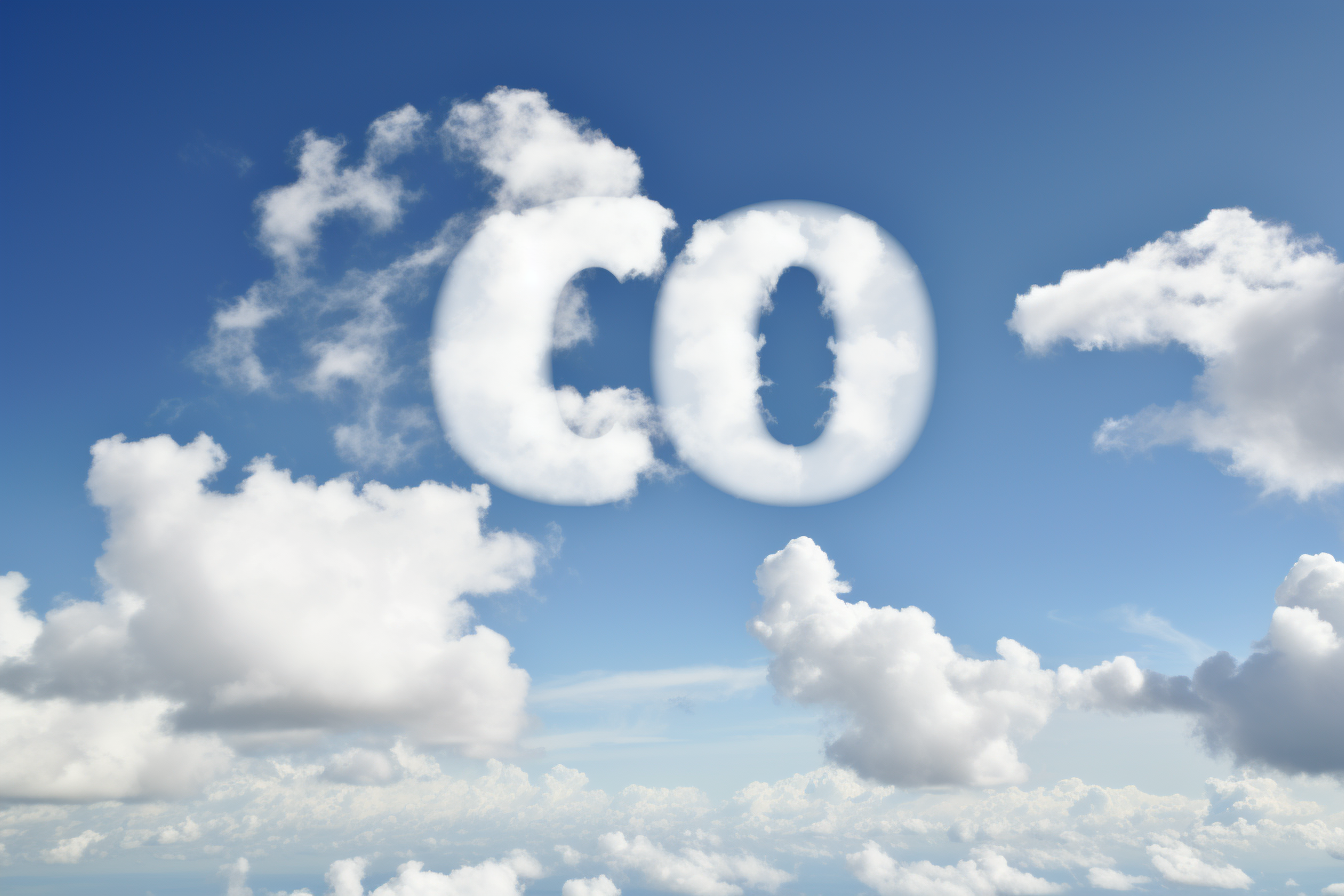 CO2 spelled in clouds against blue sky  (6 words)