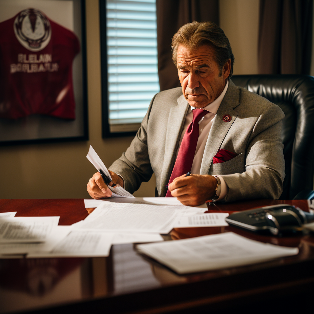 Coach Saban opening medical bill in office