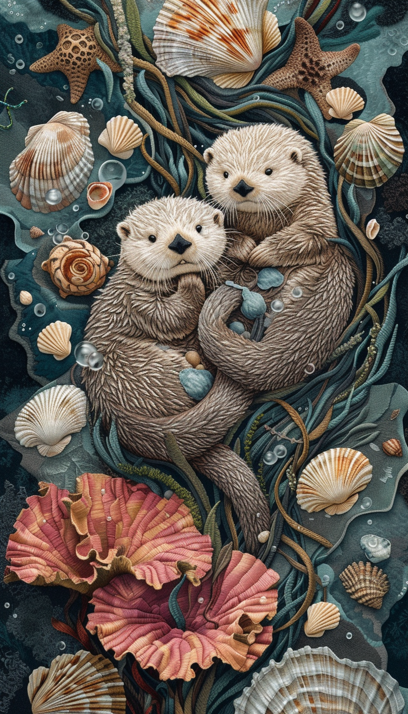 Coastal Harmony Sea Otters Seashells Watercolor Art