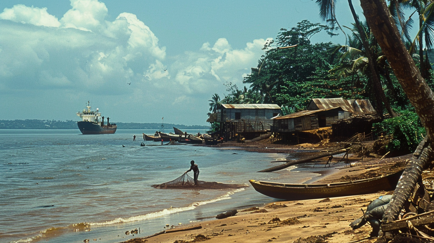 Local fishermen mending nets on shore