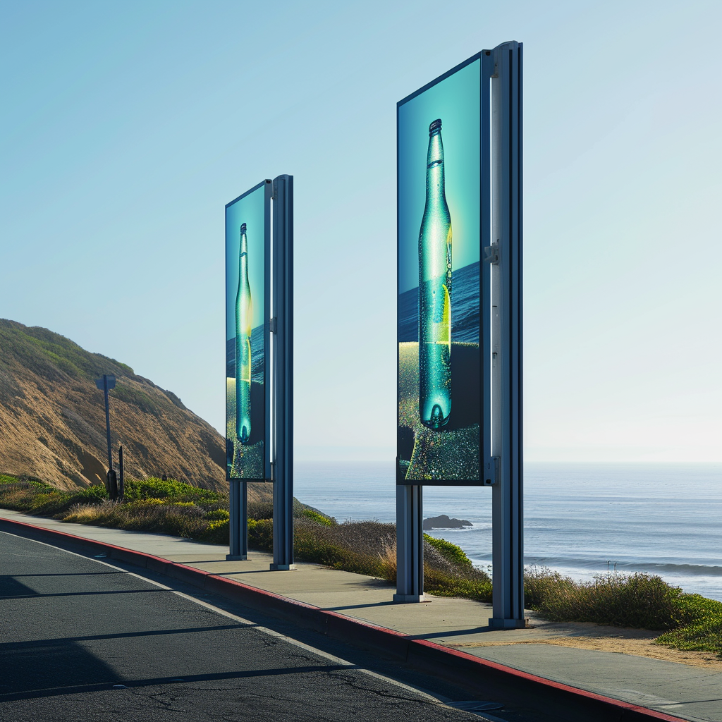 Two vertical energy drink panels overlooking the sea