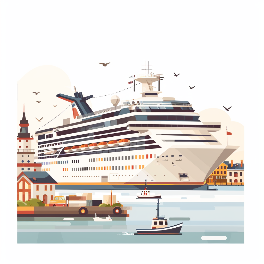 Working waterfront cruise ship illustration